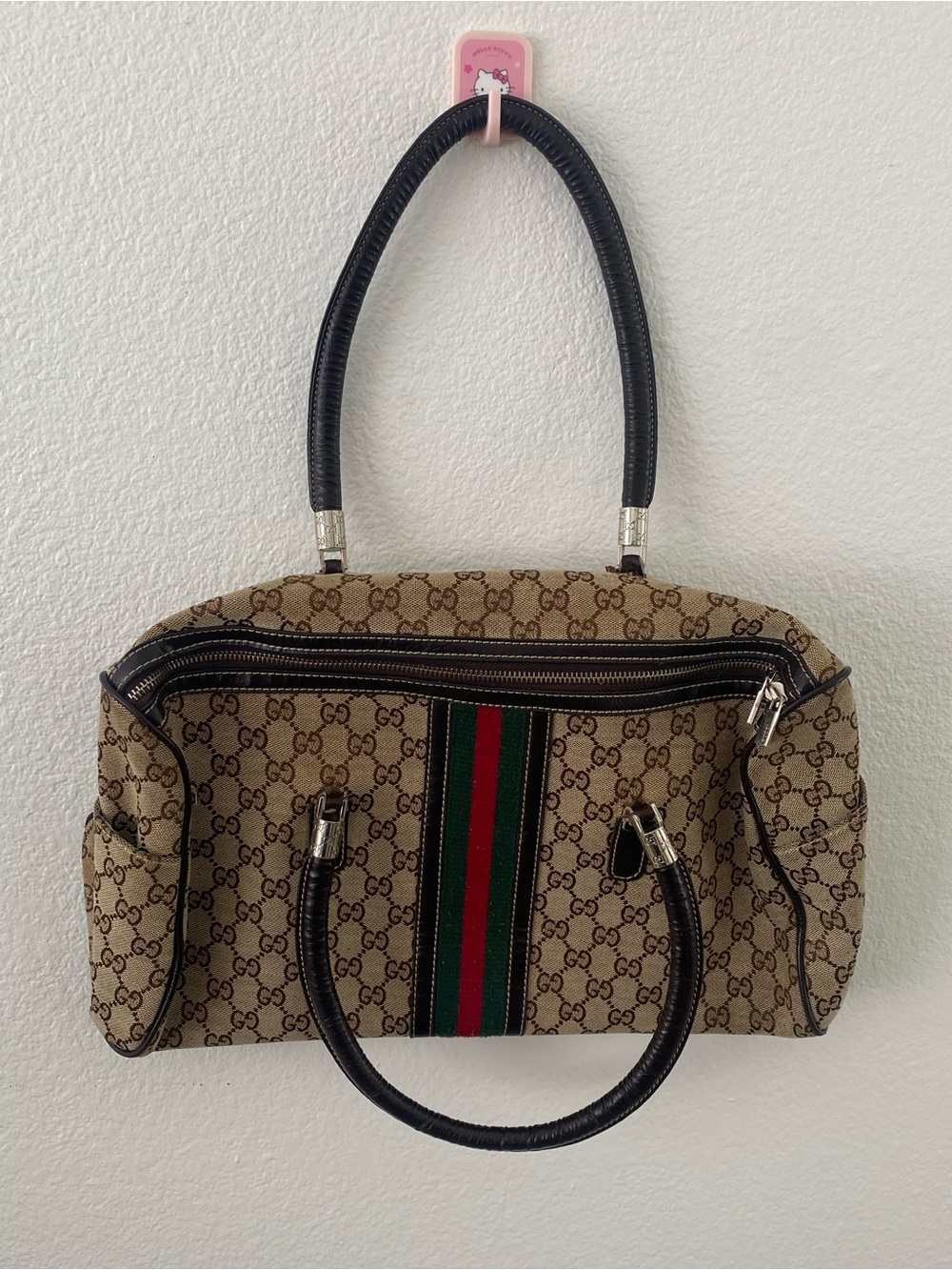 Vintage Gucci Beige GG Canvas Shoulder Bag with Green-Red Web Stripe